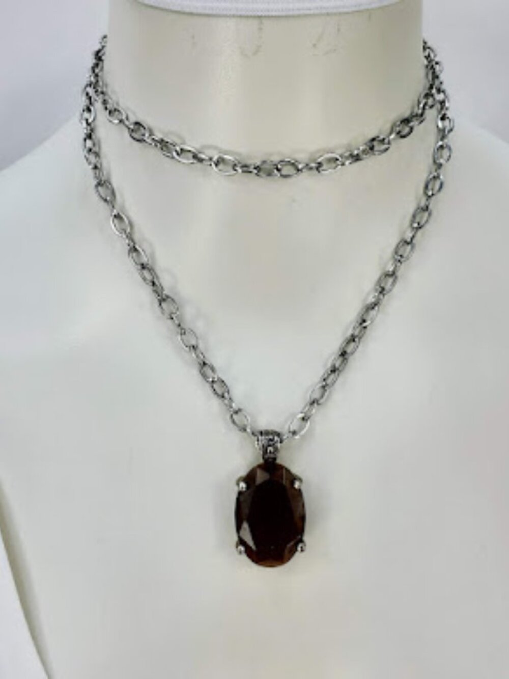 Chunky Brown Glass Pendant on Extra Long Silvertone Chain